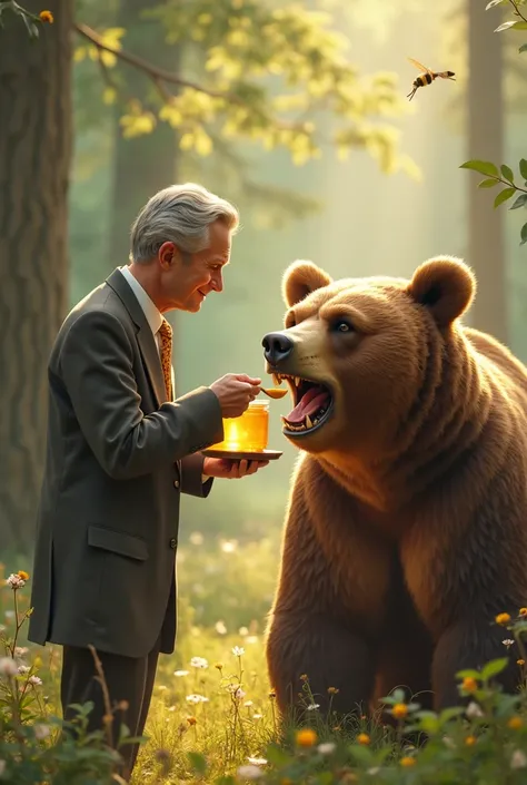 adult human being feeding honey into a bear's mouth with a spoon