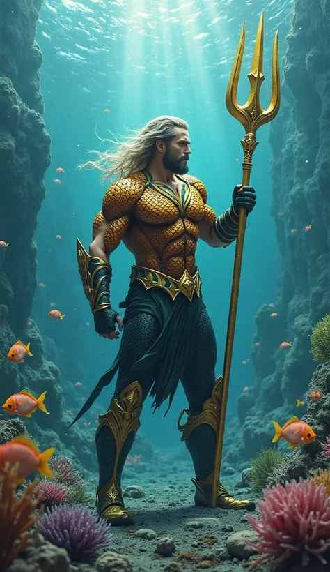 Aquaman throwing a golden trident at the bottom of the sea,  ultra real and professional images 