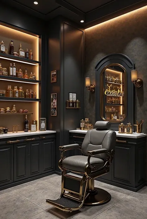 An image depicting a gray and black themed barbershop with the name " Oficina do Corte  "  gold and illuminated with a bench with things that represent golden and sophisticated barber equipment