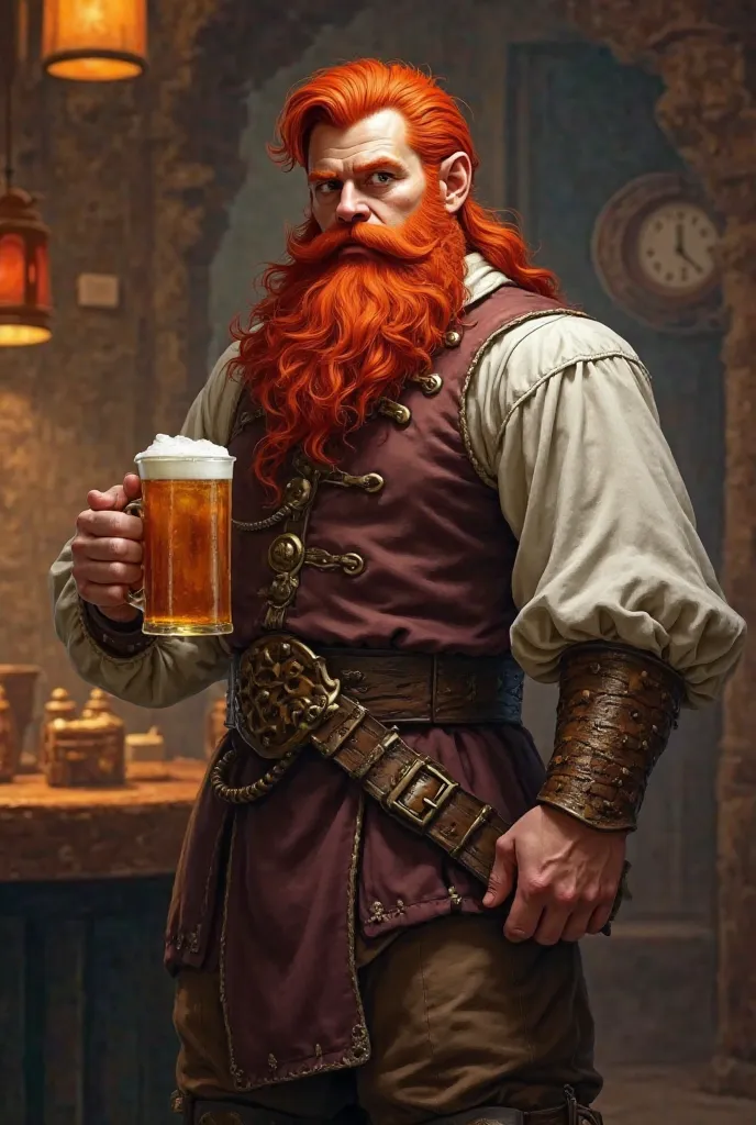 Create an image of a handsome, strong, muscular dwarf from medieval times, with striking red hair and a well-groomed, shorter red beard. He should be holding a mug of beer in one hand, with a confident expression, standing in a vibrant fantasy tavern setti...