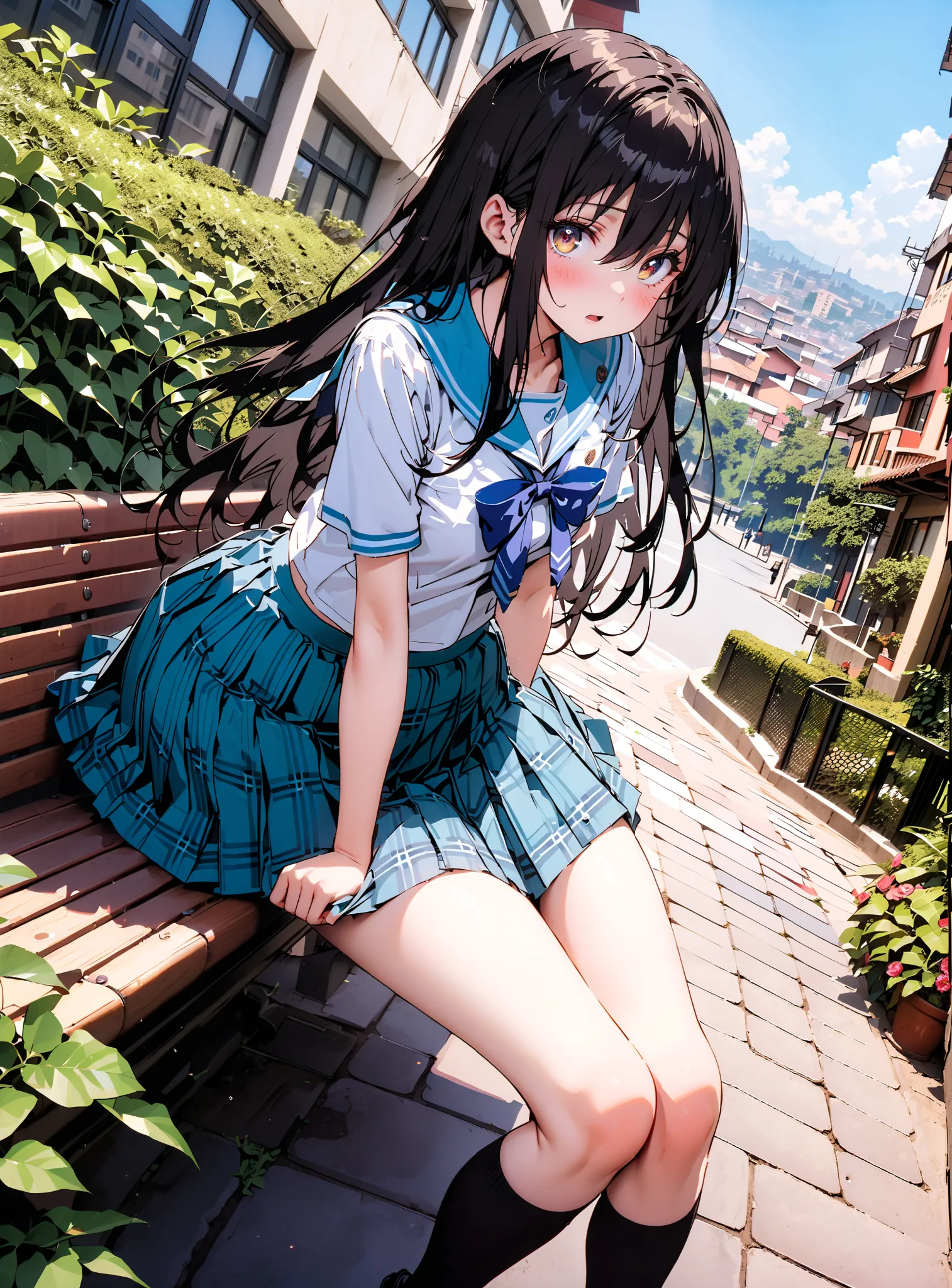 Yukina Himeragi, semi-long hair,   black hair, brown eyes, medium breasts,, skirt, bow, school uniforms, pleated skirt, sailor suit, sailor color, blue skirt,  plaid , blue bow, black high socks,  bench, Soft Breeze,is standing,skirtタグ , eyelashes skirt tu...