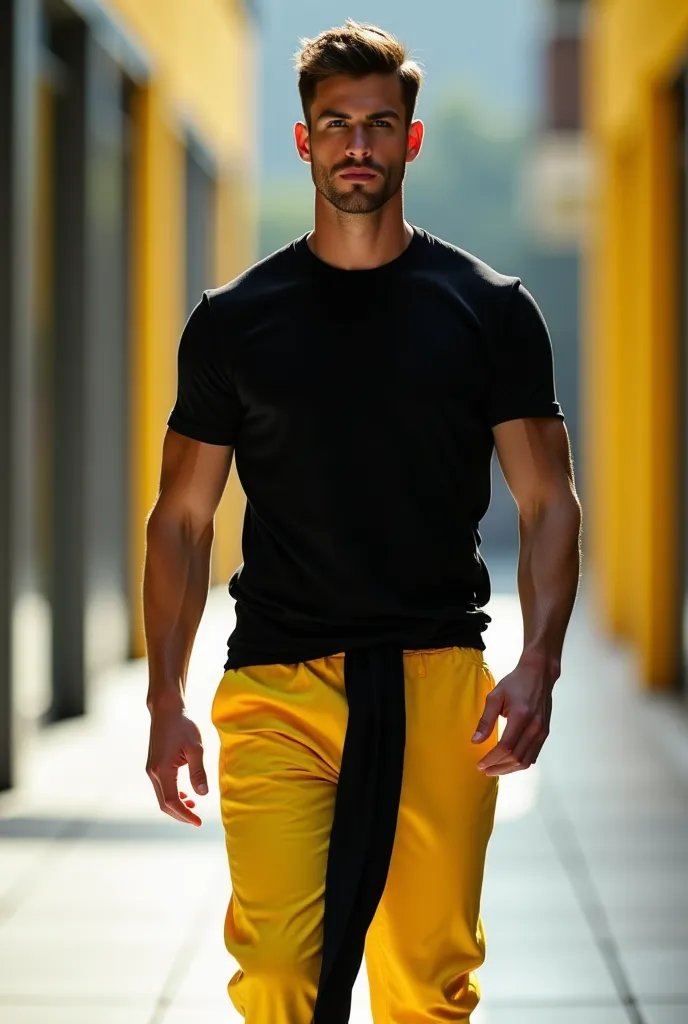 Creating male model wearing tshirt black and yellow  color ramp walk with stylish 