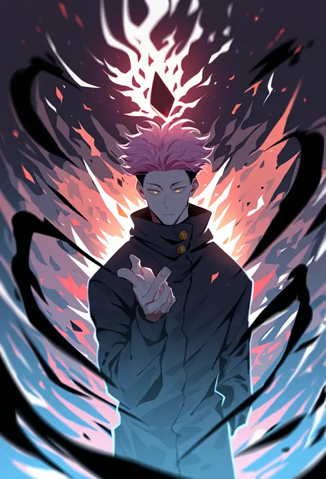 Ryomen Sukuna Evil Dark aura Black flash Jujutsu kaisen Laughing Dark tones Fire Aesthetic Speed 4k Best quality Dark fantasy Anime manga style Pink pale hair Yellow eyes