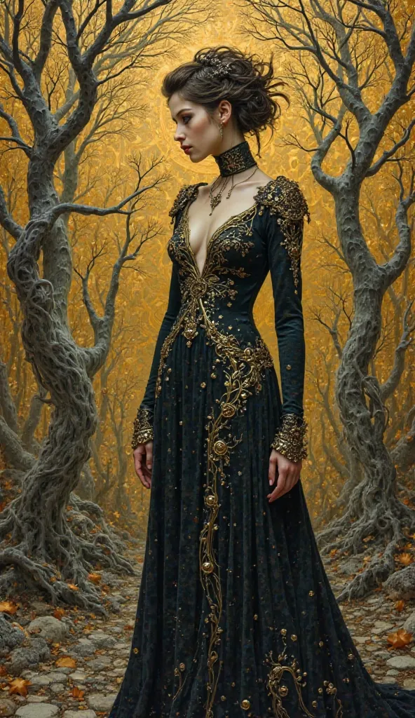 A full-body portrait of a stunning nuGothic woman, painted with the hyperrealistic detail of Jan van Eyck, set in a haunting post-apocalyptic dreamscape. The background fuses surreal and organic elements, blending Gustav Klimt's golden textures and Alphons...