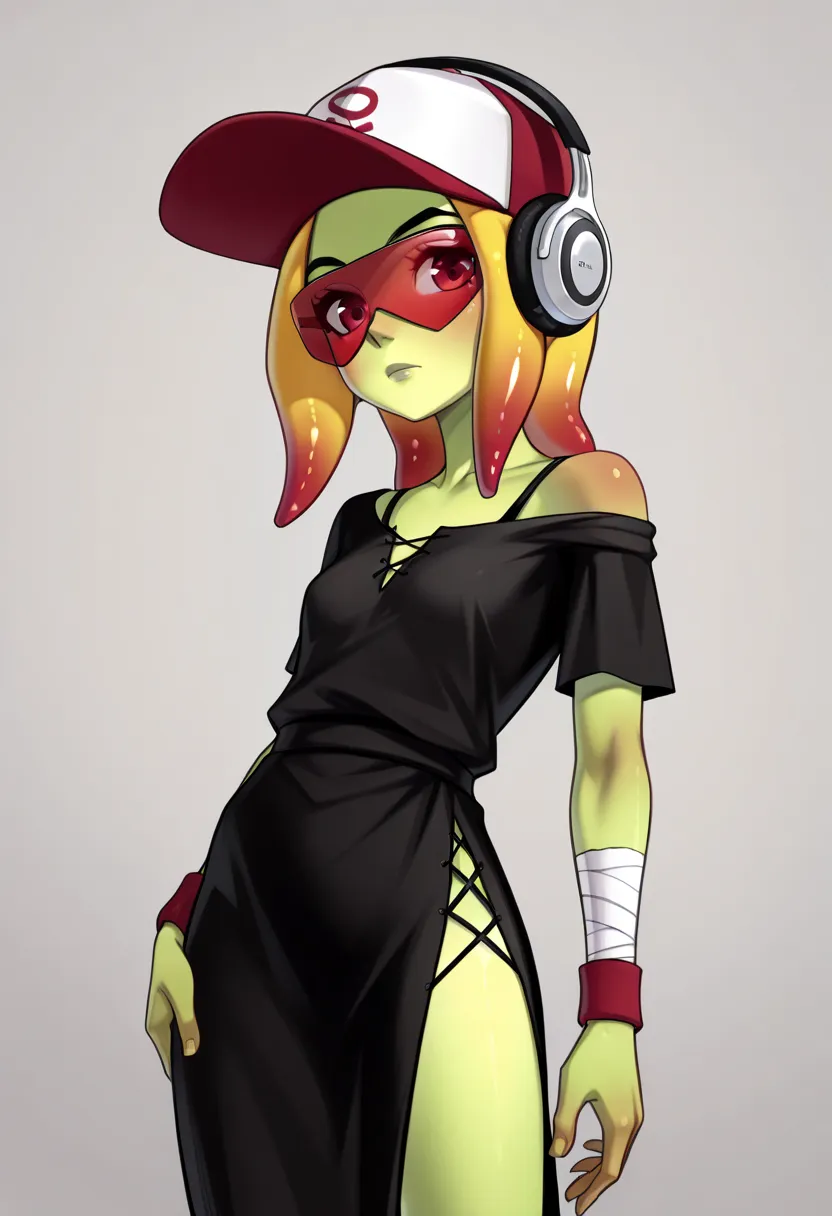 (Cartoon_Type), portrait, solo, (Dedf1sh), green skin, tentacle hair, multicolored hair, baseball cap, two-tone headwear, headphones, red-tinted eyewear, black dress, off shoulder, bra strap, short sleeves, bandaged arm, wristband, side slit, cross-laced s...