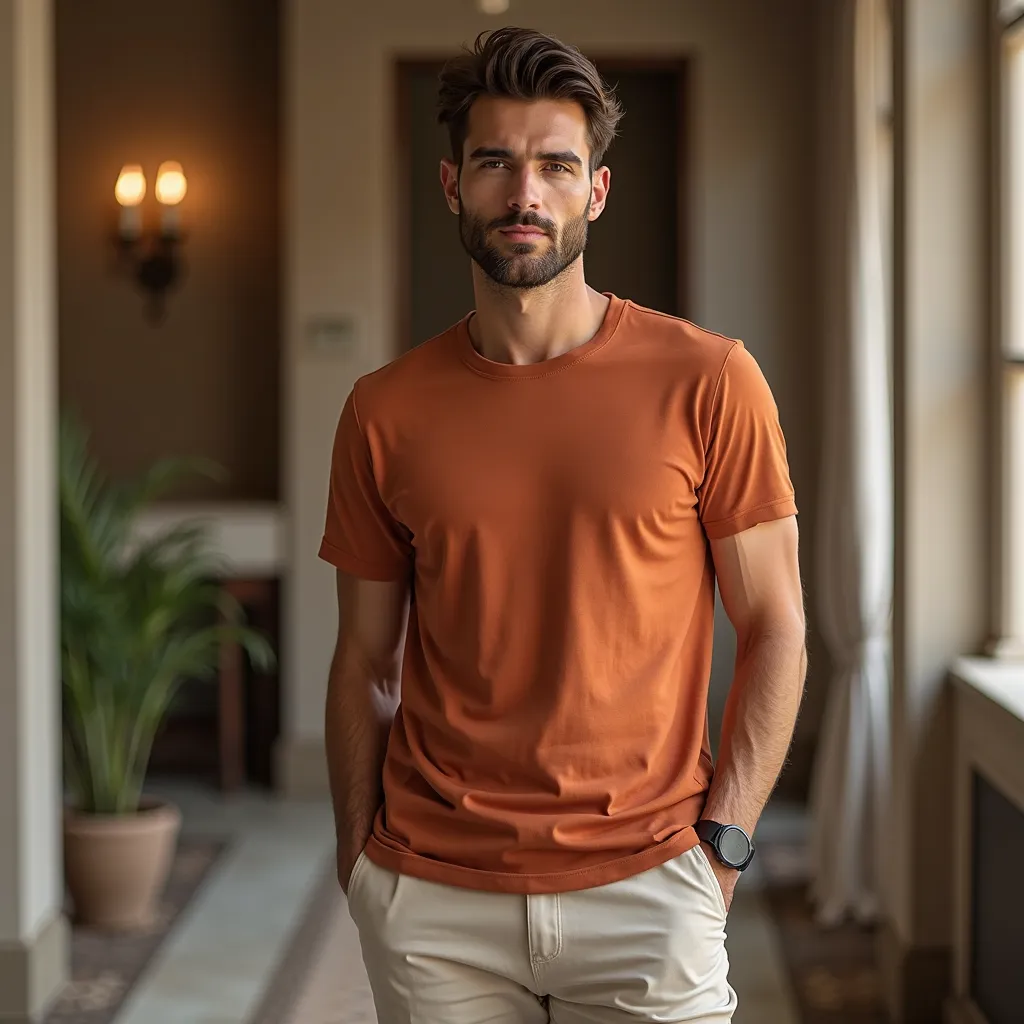 An ultra-HD hyper-realistic full-body studio photograph of a male model wearing a stylish, well-fitting terracotta, unprinted Egyptian cotton t-shirt with a fitted crew neck and tailored light trousers. The setting features a luxurious place, with soft, di...