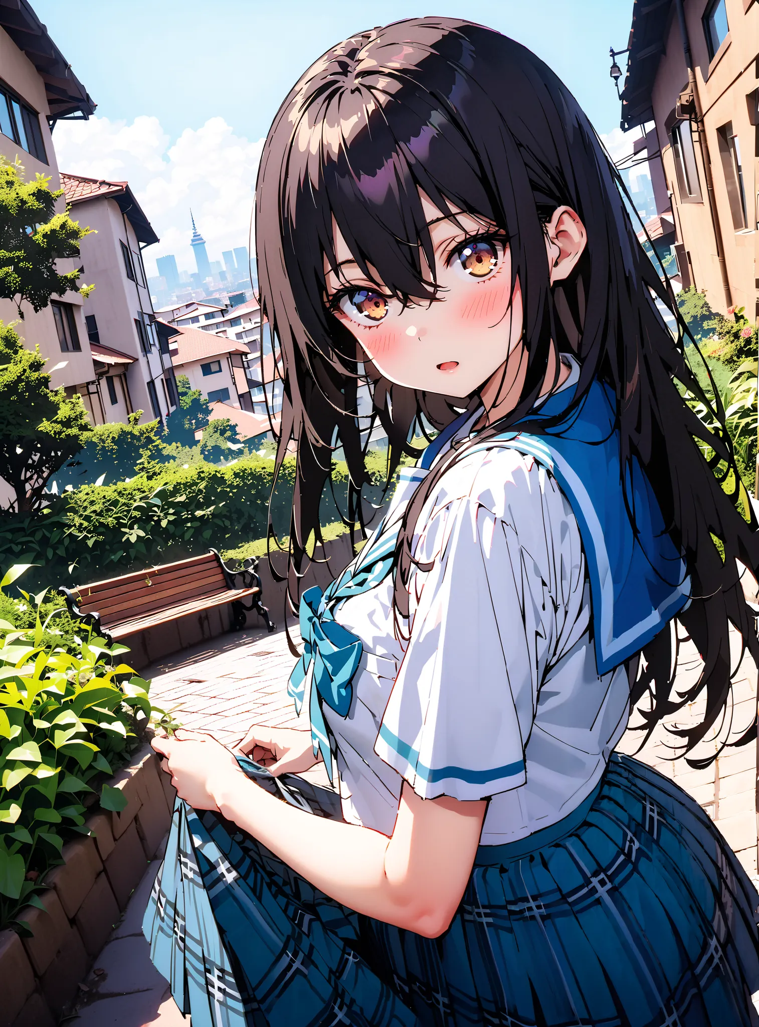 Yukina Himeragi,semi-long hair,   black hair, brown eyes, medium chest,, skirt, bow, school uniforms, pleated skirt, sailor suit, sailor color, blue skirt,  plaid , blue bow, black high socks, is standing, bench, Soft Breeze,skirtタグ , eyelashes skirt tug,s...