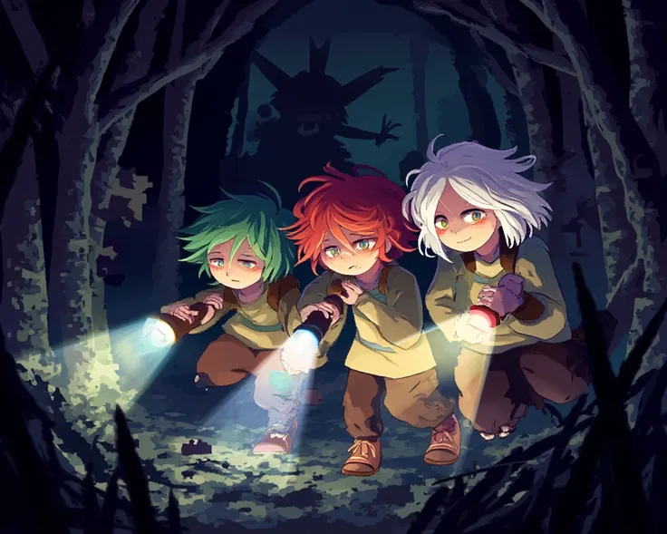 Create an 8bit pixelart image of three guys, One short green hair , another red hair and the last white hair, Everyone with flashlights scared