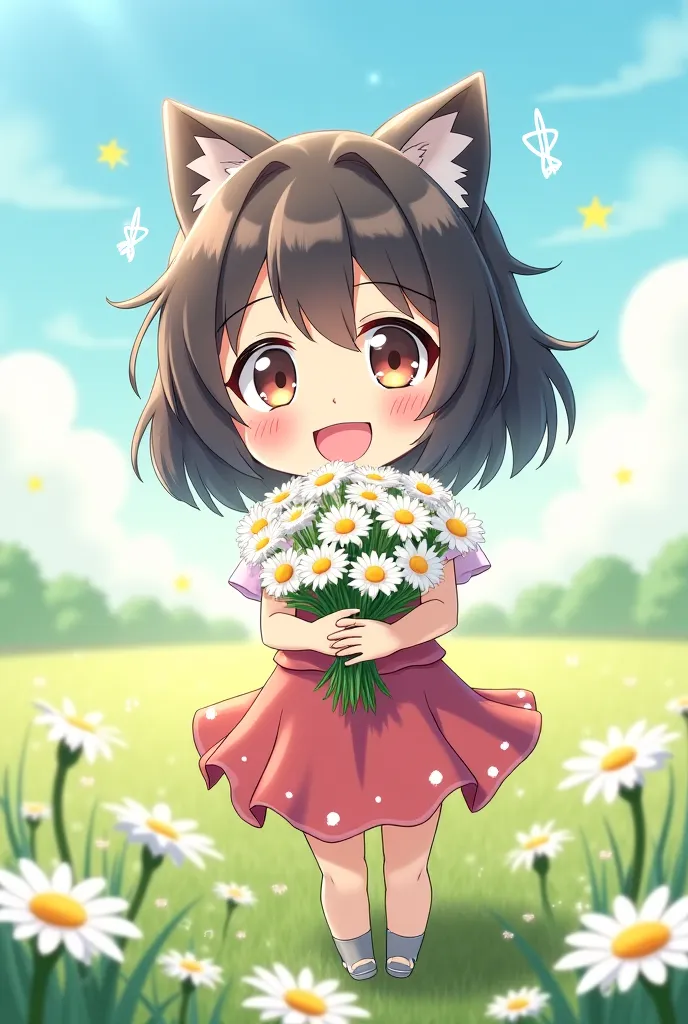 Funny Girl Transformation Anime Photos,  Humor , adorable, hugging bouquet, standing in front of daisies