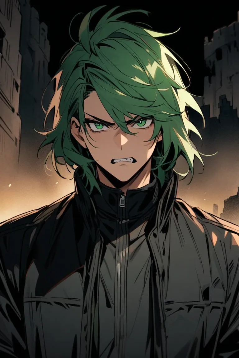 a 26 year old man,  attractive,  Mexican, With medium long green hair, With green eyes, with jacket black jacket, background, with fanged teeth, With a serious look, with a dark castle in the background of the image
