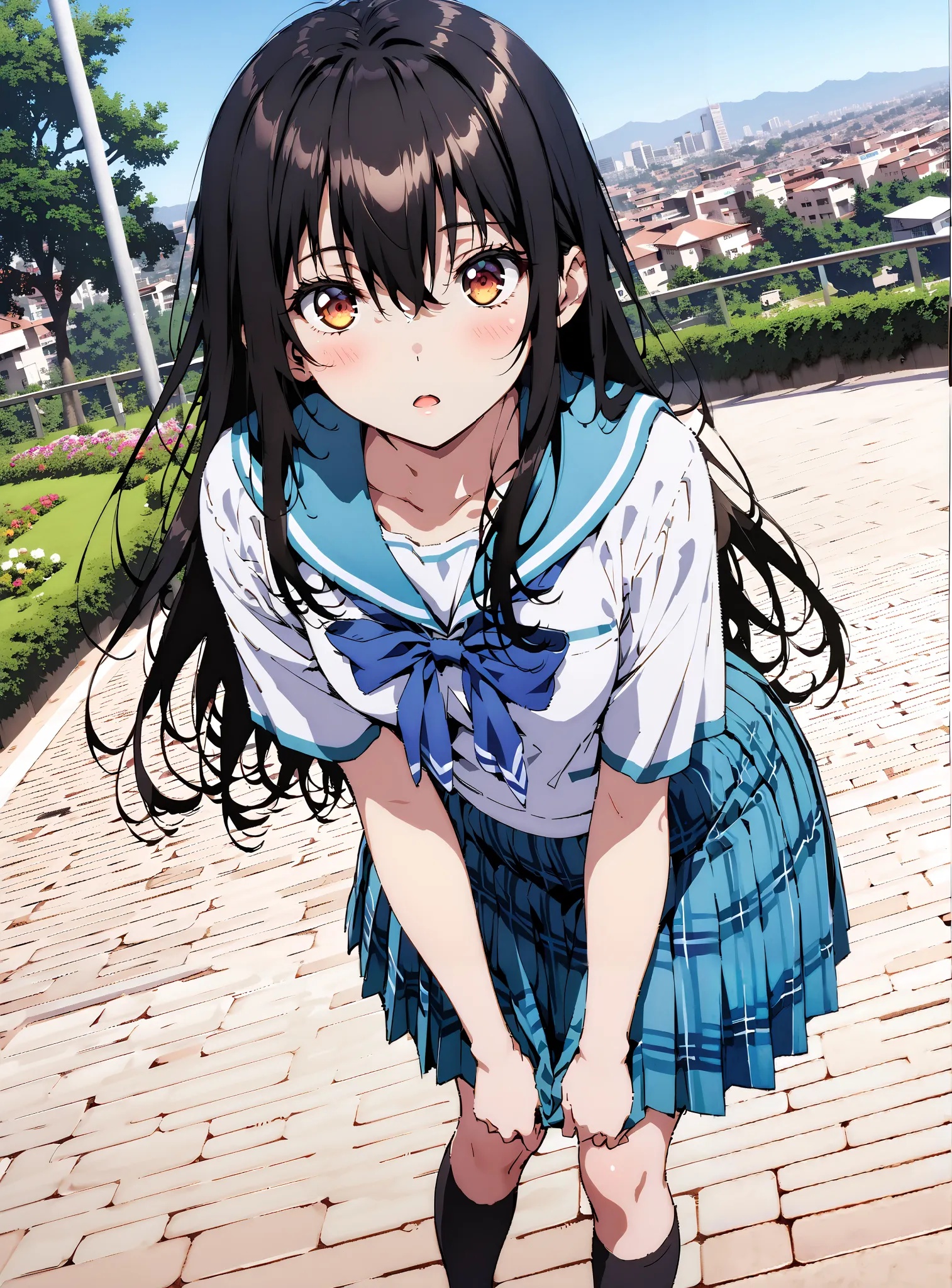 Yukina Himeragi,semi-long hair,   black hair, brown eyes, medium breasts,, skirt, bow, school uniforms, pleated skirt, sailor suit, sailor color, blue skirt,  plaid , blue bow, black high socks, is standing, bench, Soft Breeze,skirtタグ , eyelashes skirt tug...