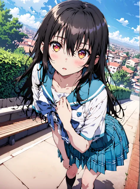 Yukina Himeragi,semi-long hair,   black hair, brown eyes, medium breasts,, skirt, bow, school uniforms, pleated skirt, sailor suit, sailor color, blue skirt,  plaid , blue bow, black high socks, is standing, bench, Soft Breeze,skirtタグ , eyelashes skirt tug...