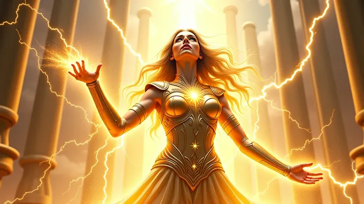 A highly detailed and dynamic scene featuring a heavenly woman surrounded by golden and electrical energy. She has an intense and determined expression, transmitting power and divinity. Her body is surrounded by an ethereal armor, adorned with luminous and...