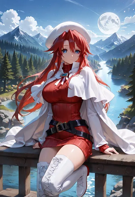 detailed background, masterpiece, top quality, landscape, Mountain, river, forest,  moon, day, cloud、score_9, score_8_up, score_7_up, Atti、非常にlong hair、 red hair、blue eyes、big breasts、 White Beret、Hair between the eyes、 thigh high socks、White footwear、belt...