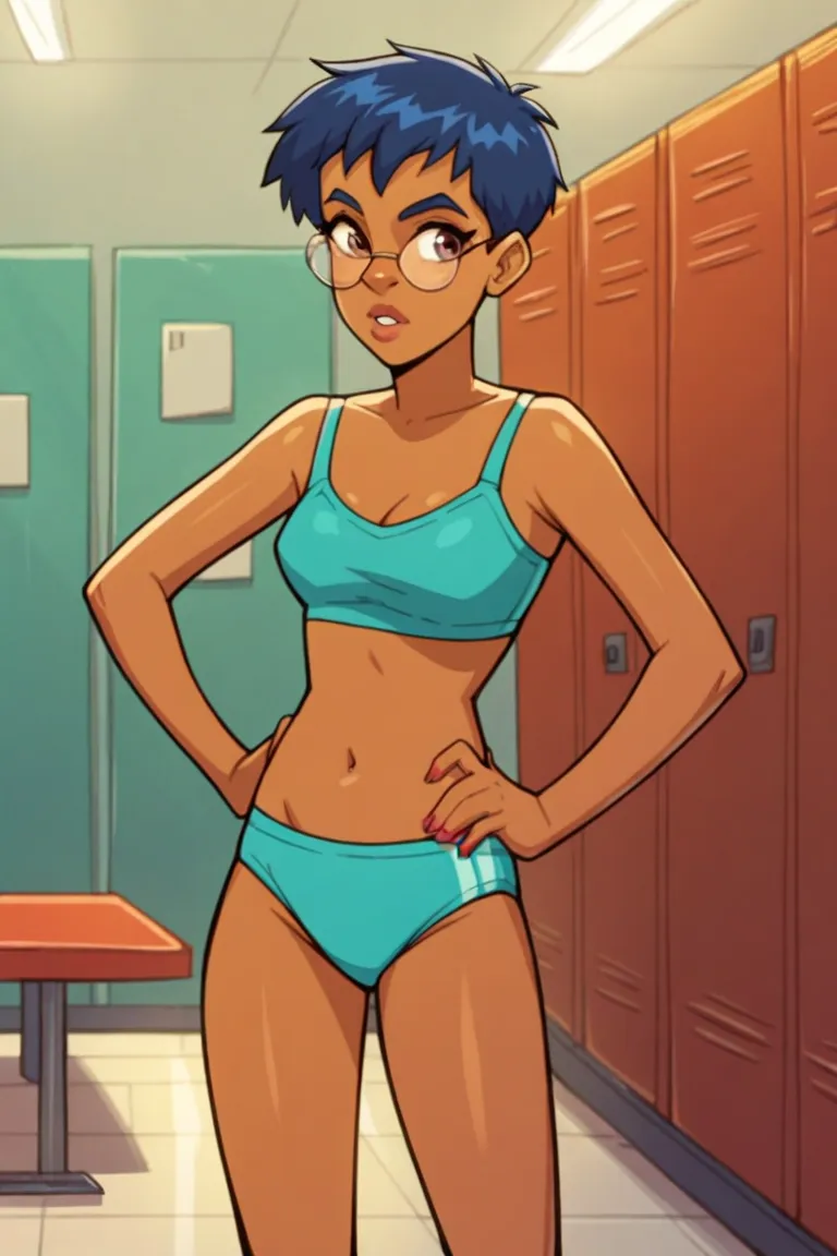 score_9, score_8_up, score_7_up, score_6_up, score_5_up, score_4_up 1girl, solo Taranee Cook, glasses, blue hair, short hair, dark skin, hands on hips, locker room, underwear,  bra, panty