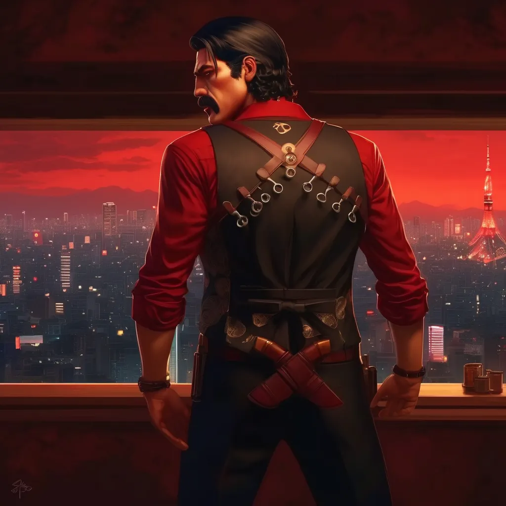 score_9, score_8_up, score_7_up, 1 boy, penthouse with views of Tokyo, (((indoor, night))), bodyguard, standing, the Nahualli , Serious, dangerous man, elegant, elegante, He's a gangster, black vest, red shirt, ((( realistic ,  Detailed , photo realistic )...