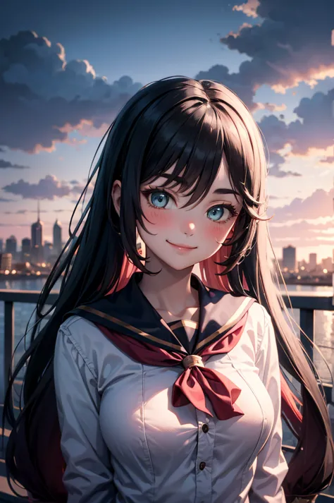 mona, upper body, smile, blush, outdoors, day, simple background, blue sky, long hair, sky, city, looking at viewer, moody lighting, school uniform long sleeves, large breast, hair down, close up, pink jacket