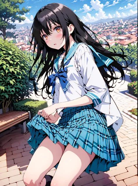 Yukina Himeragi,semi-long hair,   black hair, brown eyes, medium chest,, skirt, bow, school uniforms, pleated skirt, sailor suit, sailor color, blue skirt,  plaid , blue bow, black high socks, is standing, bench, Soft Breeze,skirtタグ , eyelashes skirt tug,s...