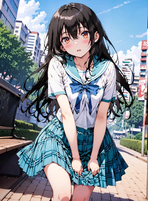 Yukina Himeragi,semi-long hair,   black hair, brown eyes, medium chest,, skirt, bow, school uniforms, pleated skirt, sailor suit, sailor color, blue skirt,  plaid , blue bow, black high socks, is standing, bench, Soft Breeze,skirtタグ , eyelashes skirt tug,s...