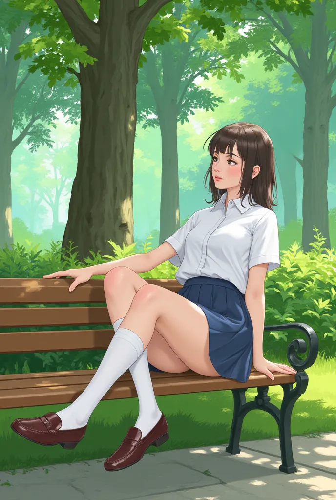 white knee-high socks、school uniforms、loafers
Parks、1 girl, Sit on a bench
