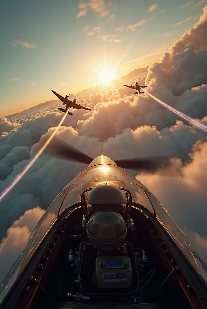 Piloto de caça em um dogfight
“First-person cockpit view of a P-51 Mustang engaging in a dogfight against a German Messerschmitt Bf 109, tracer rounds streaking through the sky, clouds and smoke trails filling the air, the sun reflecting off the canopy, re...