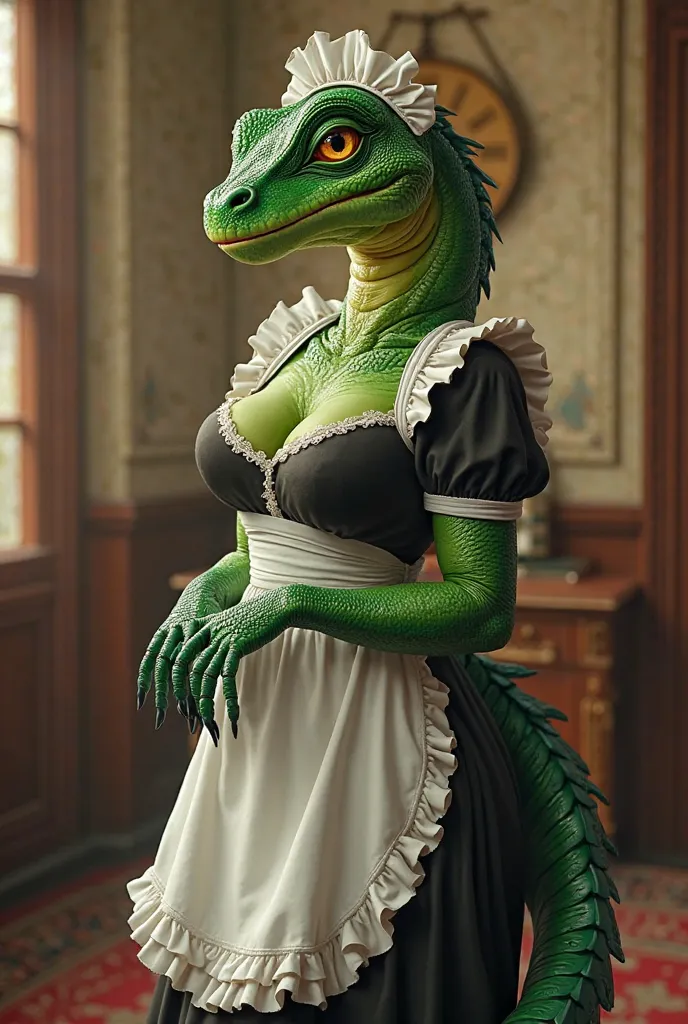 Sexy female reptilian female anthropormorphic furry reptilian girl with big breasts, green scales and yellow eyes dressed as a maid maid in white and black in a house