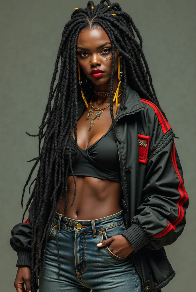 A dark-skinned woman wearing long black dreadlocks with details in yellow and red eyes,small scar marks on the eyes,With a defined body dressed in a body,A stripped oversized jacket,Mom high waist jeans