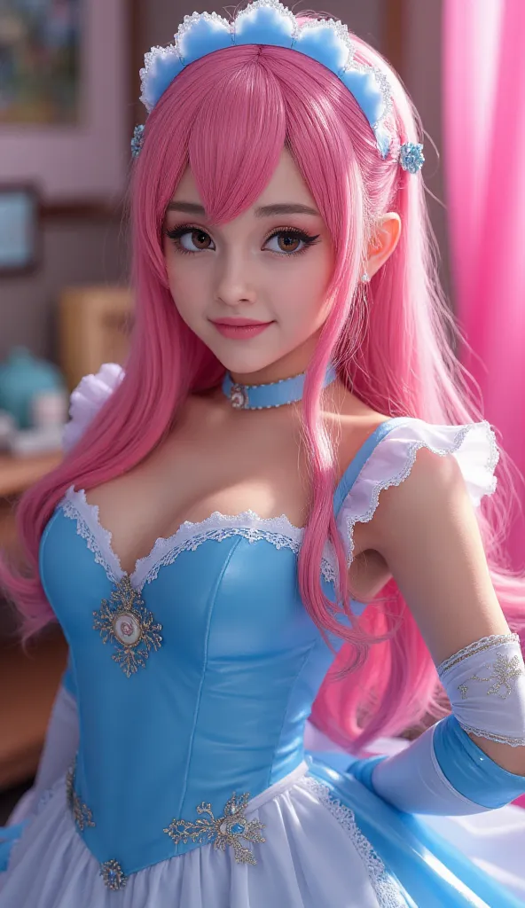 whole body image, looking at the viewer, high resolution, Super detailed,  smile, Breasts, blue Latex maid dress,  pink hair, Maid's hair accessories, 