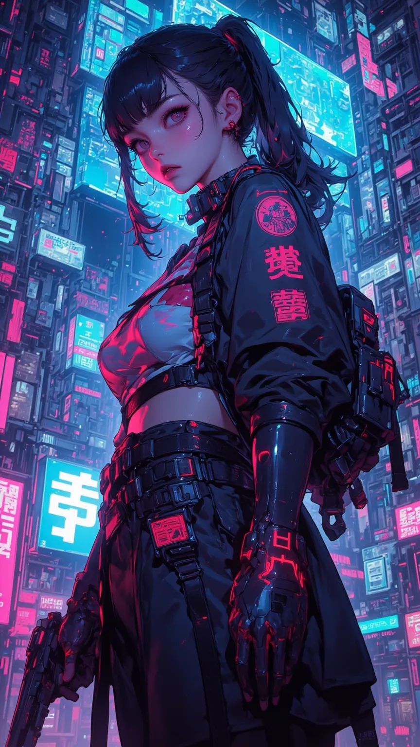 in the style of CKNC,in the style of CKSC,Focus Topic, dynamic angle,android woman,pointing a pistol at the viewer,anger,A network of uncharacteristic eyes, Ponytail ,neon lights,Casual clothes,Casual clothes,glowing web,shining on the roof,high quality,4K...