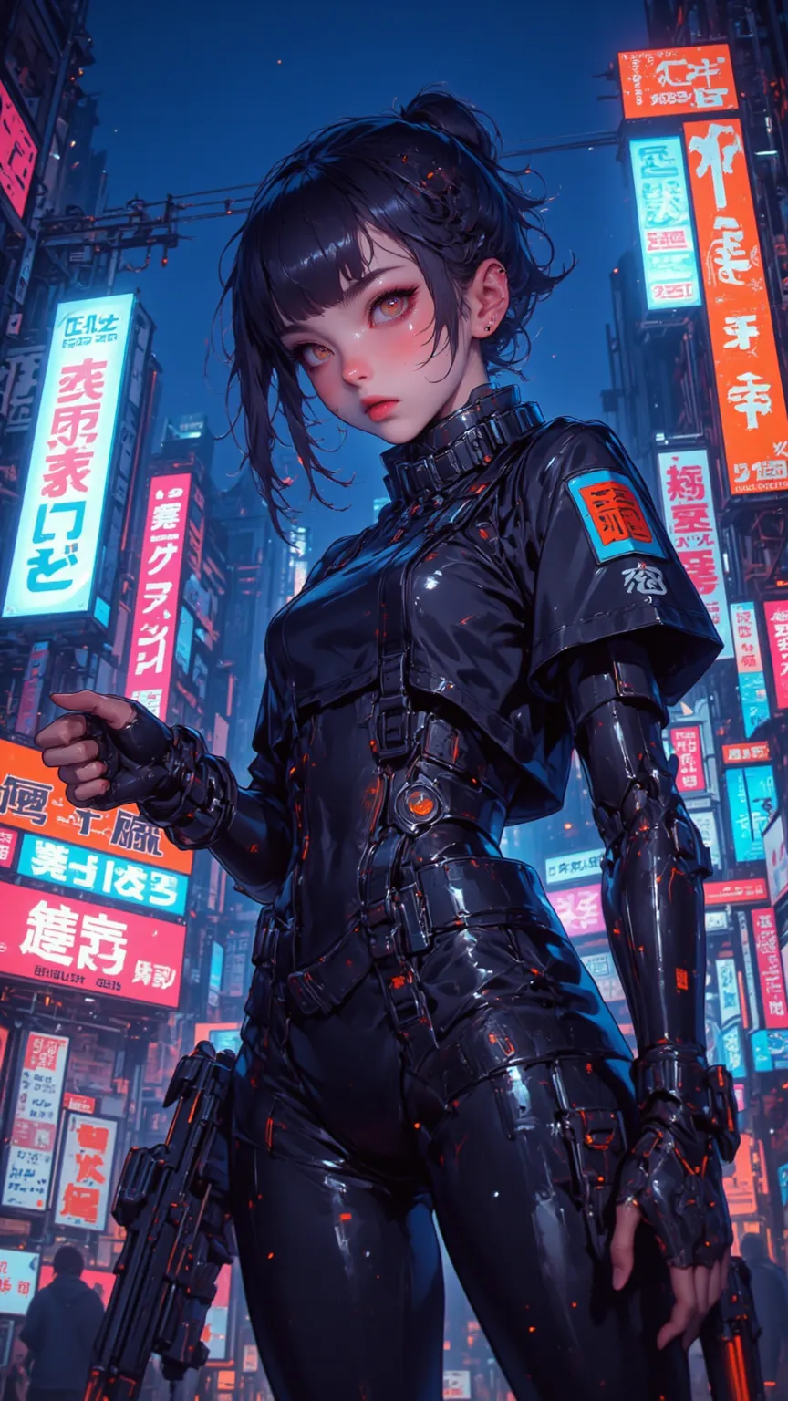 in the style of CKNC,in the style of CKSC,Focus Topic, dynamic angle,android woman,pointing a pistol at the viewer,anger,A network of uncharacteristic eyes, Ponytail ,neon lights,Casual clothes,Casual clothes,glowing web,shining on the roof,high quality,4K...