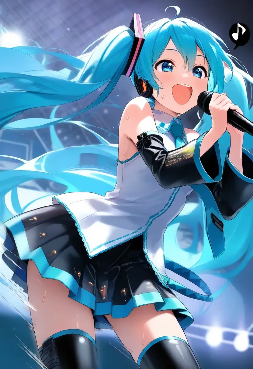 masterpiece, best quality, amazing quality, 1girl, hatsune miku, vocaloid, (blue hair, twin tails, pigtails, super fine eyes, blue eyes), collared-shirt, tie, detached sleeves, bell-sleeves, bare shoulders, pleated skirt, boots, spoken musical note, A scen...