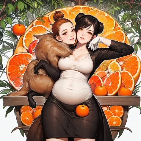 Masterpiece, best quality, highly detailed, very aesthetic, absurdres, (orange fruit girl), oranges, orange color, warm colors, cute, round poofy dress, round hair, high bun hairstyle, stockings, gloves, overweight, mommy, round features, round face, in an...