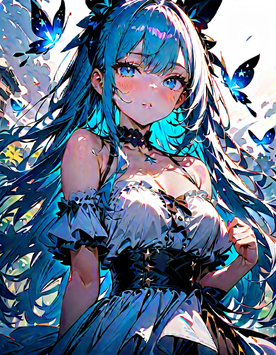 masterpiece, best quality, high quality, detailed, ultra detailed, hyper detailed, insanely detailed, exquisite, beautiful, Full-HD, 16K, highres, absurdres, a creature, girl, blinking, most adorable, milk white and blue hair, long hair, colorful and cute ...