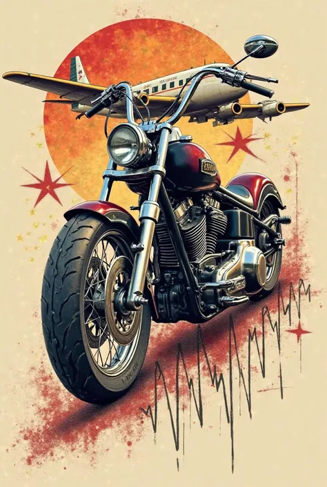 A rough and impactful tattoo design of a vintage Chopper motorcycle combined with a heartbeat rhythm. The motorcycle has a vintage style with a lot of chrome and a large front wheel. The heartbeat rhythm is depicted by a series of curved lines that start a...