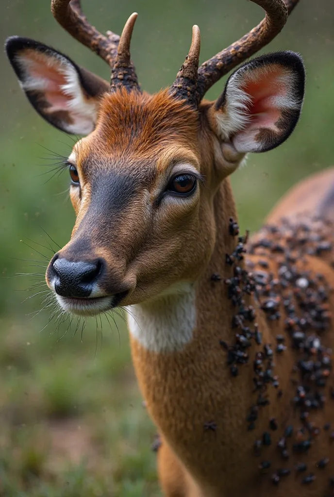 The Insect Infestation

Close-up of the deer looking distressed.

Swarms of insects start attacking the deer, covering its body.

Voiceover: "Suddenly, a swarm of insects surrounds the deer, causing pain and suffering." 