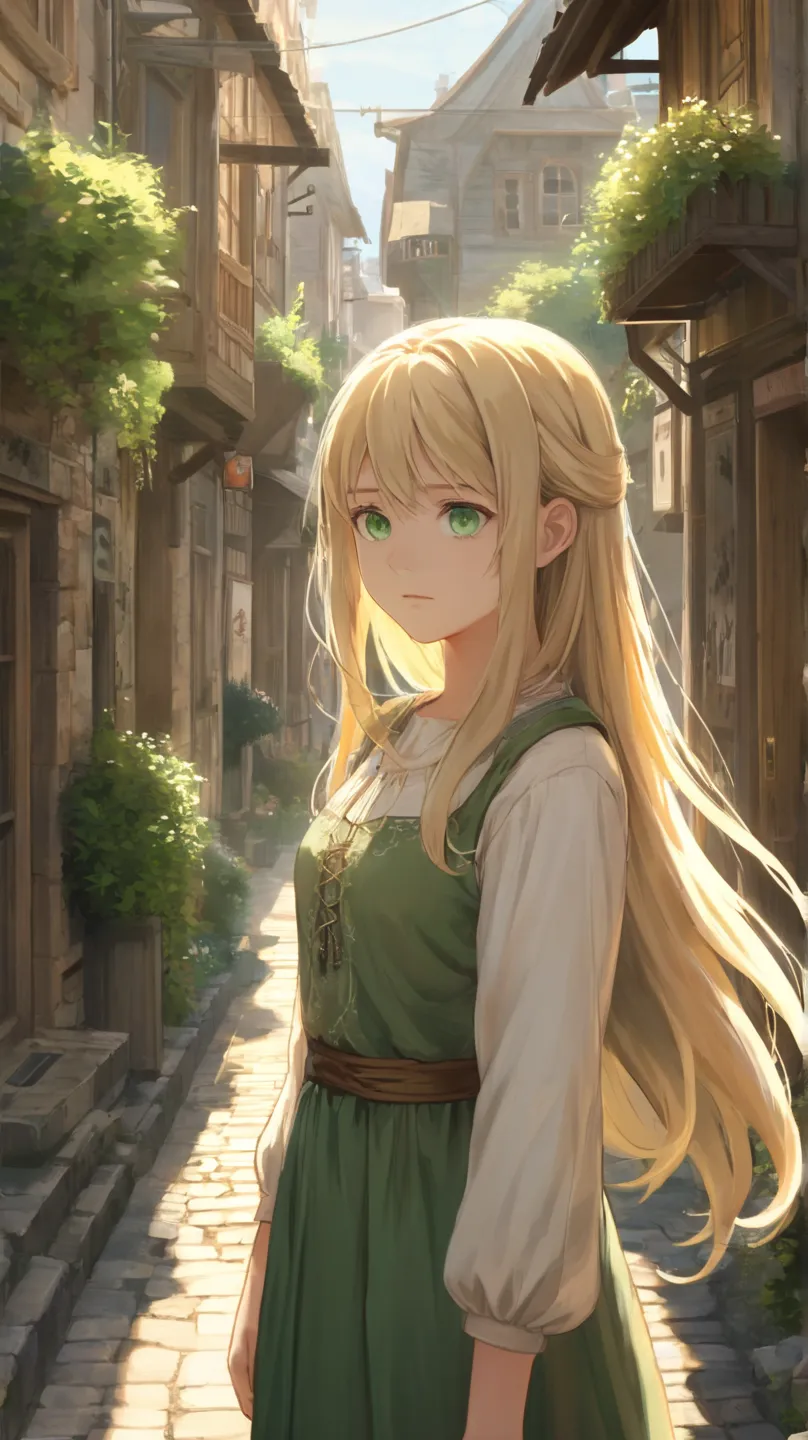  anime girl t-shirt, long blond hair, green eyes with a determined look, You are extending your hand forward and you are standing next to the street in a small town