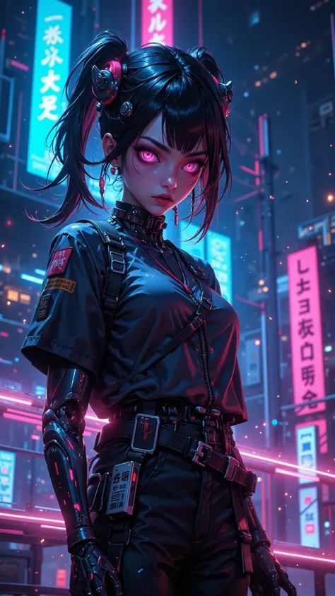 in the style of CKNC,in the style of CKSC,Focus Topic, dynamic angle,android woman,pointing a pistol at the viewer,anger,A network of uncharacteristic eyes, Ponytail ,neon lights,Casual clothes,Casual clothes,glowing web,shining on the roof,high quality,4K...