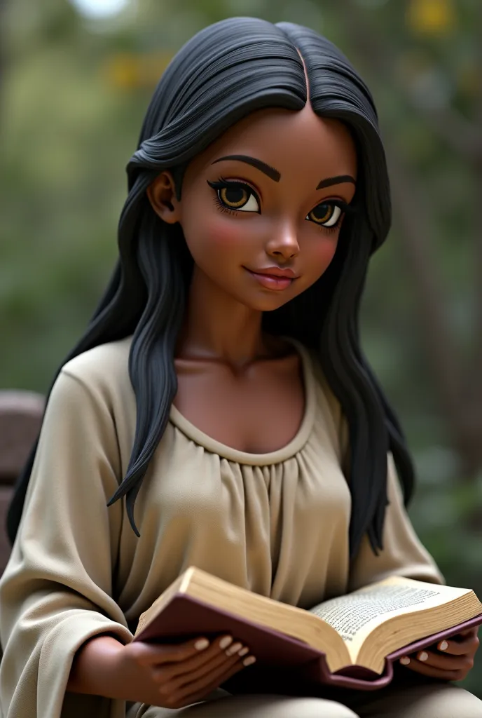 Create a 3D avatar dark-skinned woman,With bible sentada,with dress ,tennis,With bible ,Straight hair,Sitting with Jesus on the side 