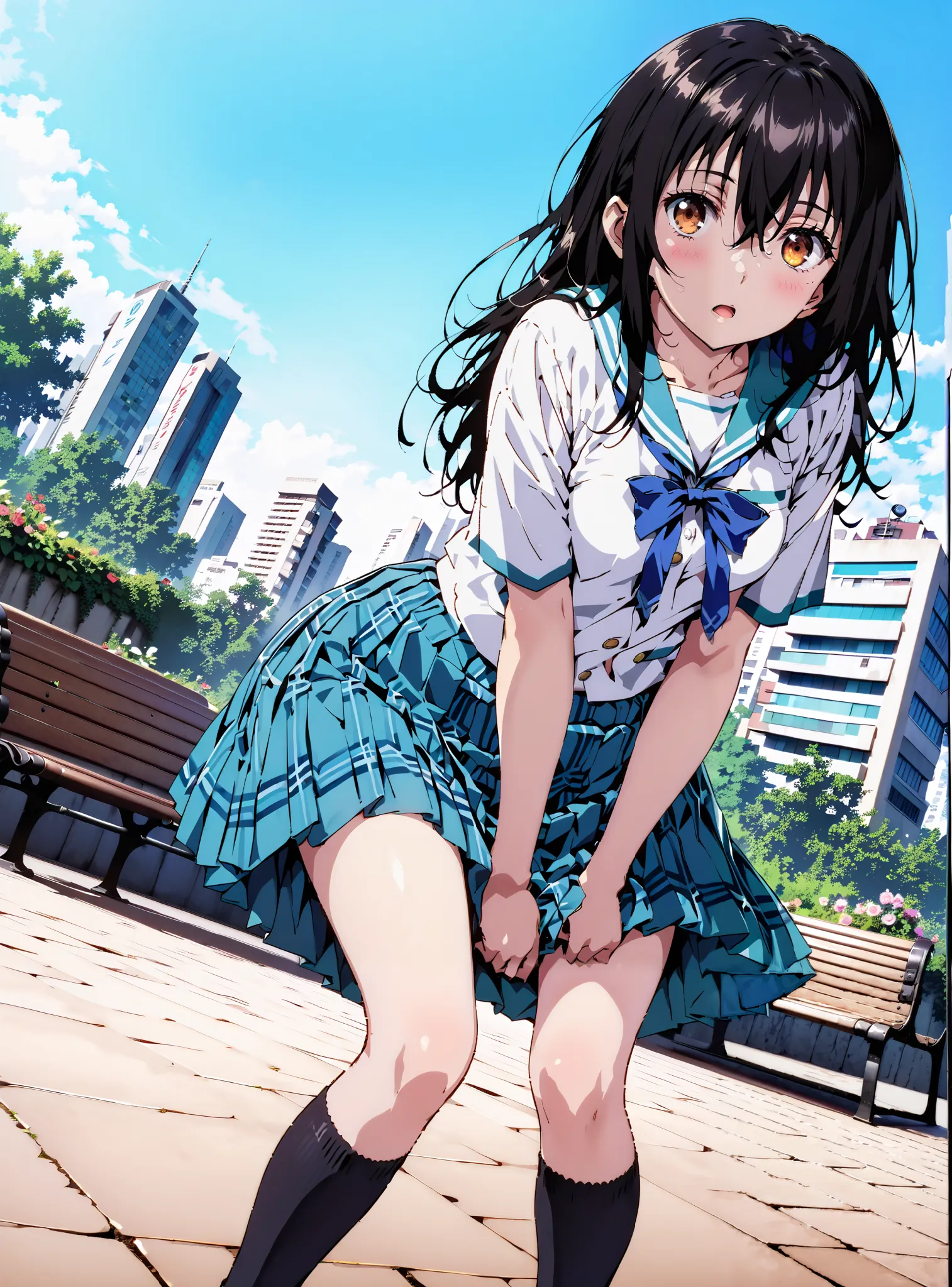 Yukina Himeragi,semi-long hair,   black hair, brown eyes, medium breasts,, skirt, bow, school uniforms, pleated skirt, sailor suit, sailor color, blue skirt,  plaid , blue bow, black high socks, is standing, bench, Soft Breeze,skirtタグ , eyelashes skirt tug...