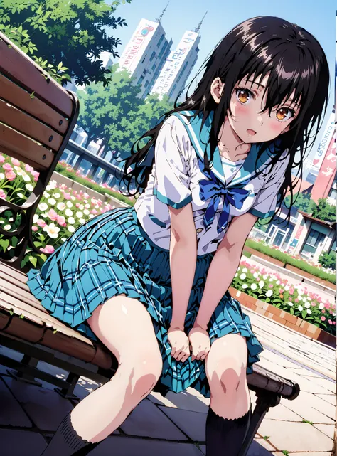 Yukina Himeragi,semi-long hair,   black hair, brown eyes, medium breasts,, skirt, bow, school uniforms, pleated skirt, sailor suit, sailor color, blue skirt,  plaid , blue bow, black high socks, is standing, bench, Soft Breeze,skirtタグ , eyelashes skirt tug...