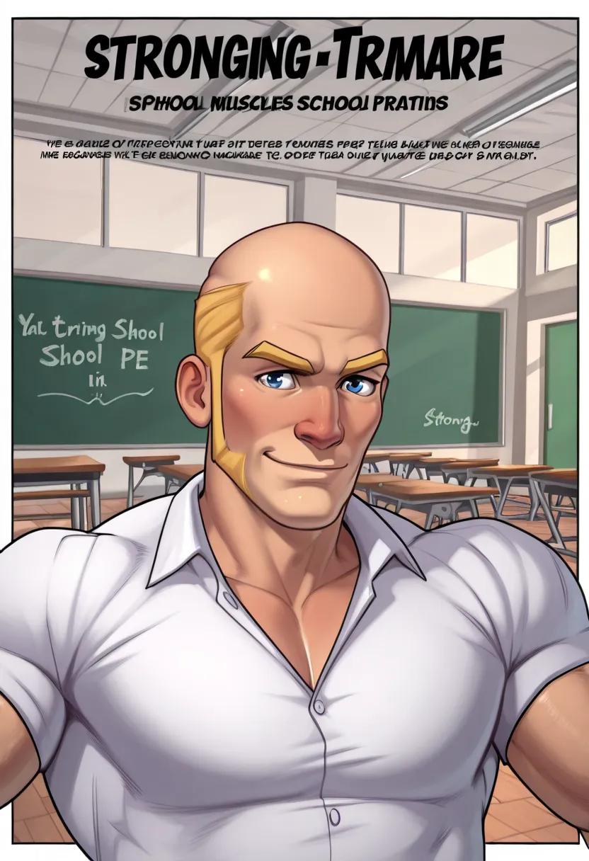 source_cartoon, rating_questionable Detailed, High Definition, Half Body, Closeup, Bust portrait, In The School/School Background, School Gym, School Scenery, 1boy, DILF, (Strong Triangular Jawline), bodybuilding, massive pectoral, beefy muscle, Rugged Fea...