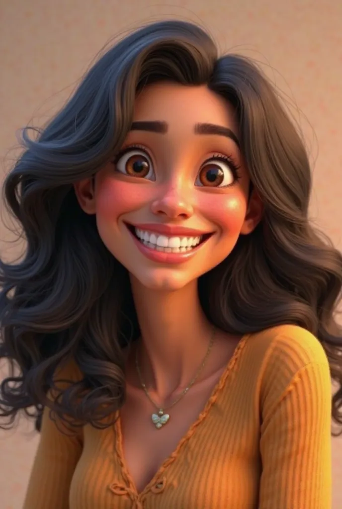  3D digital illustration , with a detailed and expressive animation style, similar to modern animated movies.  
a smiling 46-year-old woman.  she has long hair ,  Curly and dark-colored , with an expressive and friendly face.  Your smile is wide , showing ...