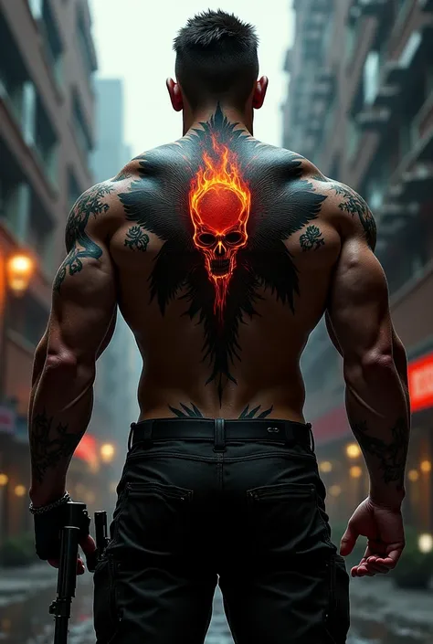 You can create a strong soldier showing his back that he has a tattoo of a huge skull with wings, surrounded by flames and intricate patterns.