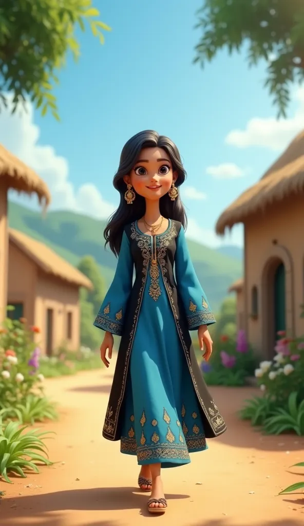 A beautiful girl wearing a blue and black shalwar kameez, with black eyes, walking in a beautiful village,3D cartoon 