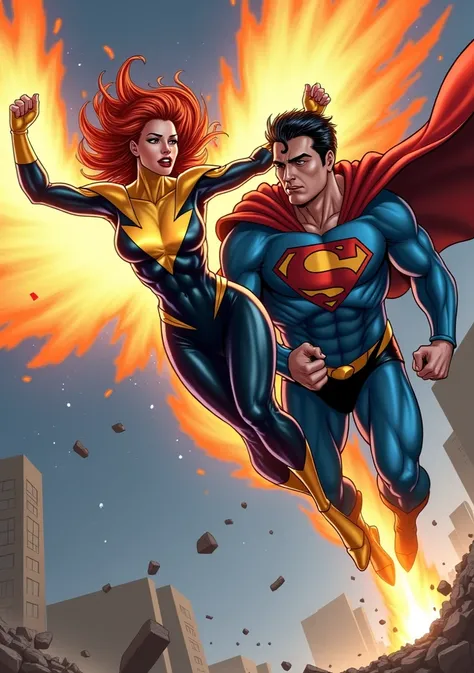 Comics style,  Marvel Phoenix Jean Grey Defeats and vaporize  Superman , Marvel Phoenix Jean Grey   Knocks  Superman out, Phoenix n Smashed Superman, Marvel Phoenix Jean Grey  destroys Superman