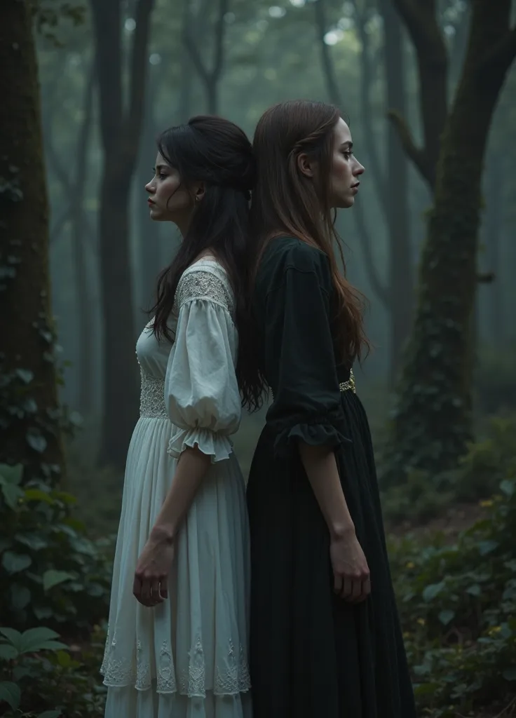 photorealistic masterpiece, 8k, ultra-detailed, physically-based rendering, high quality, two women, wearing white and black dress, whispering, standing back to back, black forest, moody lighting, cinematic, dramatic, dark, mysterious, portrait, concept ar...