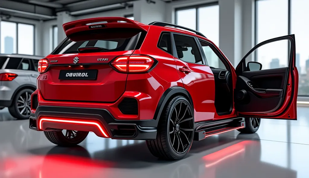 3D render of a heavily modified ( 2026 Suzuki Vitara)in (red )colour, (full back side view) The car features opening doors, ultra-high-detail glossy and shiny modifications, including sleek add-ons. The  (it2026 Suzuki Vitara) logo is prominently disp2025o...