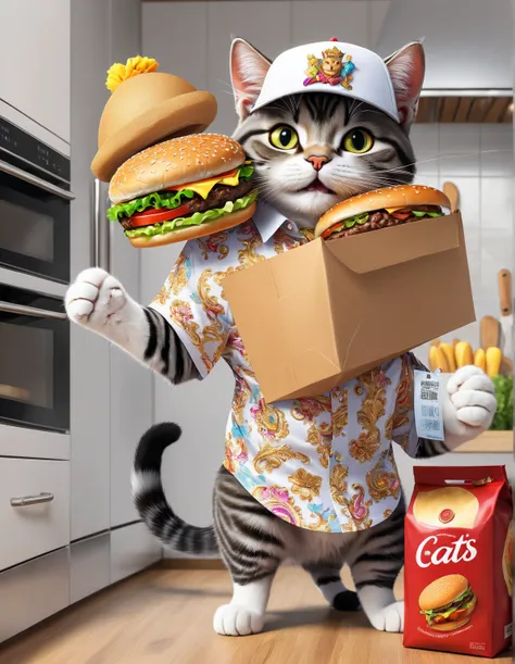 (Close-up of anthropomorphic cat puts hamburger enside ornate package:1.3) en (dynamic pose:1.0), (Camisa de marca con estilo:1.1), (trabajador de gorra:1.2), (delantal colorido:1.1), modern kitchen with refrigerator and cookeng station, entricate design, ...