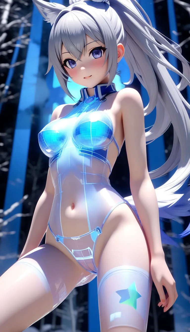  Collapse Star Rail in the Winter Forest。silver wolf。 Silver Hair。ponytail。naked。naked体。sex。 cowgirl。 virtual idol  。 \  character "  atlus"\, alone, ((   Transparency ３d,   transmission processing using holographic projection , 。 clear texture  )),  。 BRE...