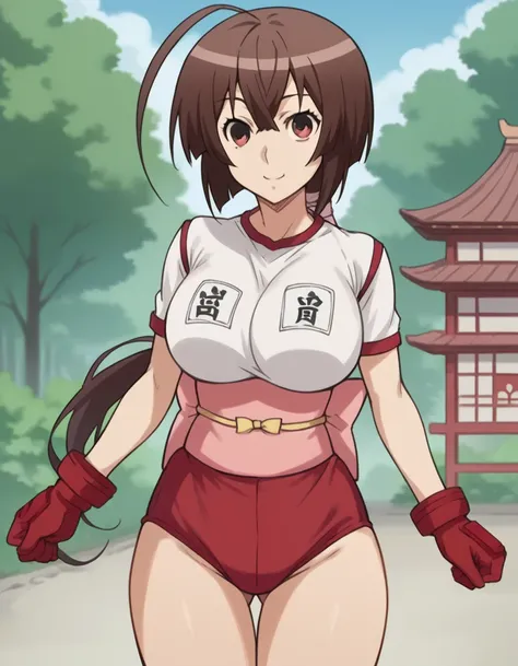 score_9, score_8_up, score_7_up, source_anime,
musubi, musubi, brown hair, long hair, brown eyes, ahoge, low-tied ponytail, large breasts, gloves, obi, 
outdoors, shrine, smile, looking at viewer, solo,　gym uniform, bare thighs, short sleeves, 